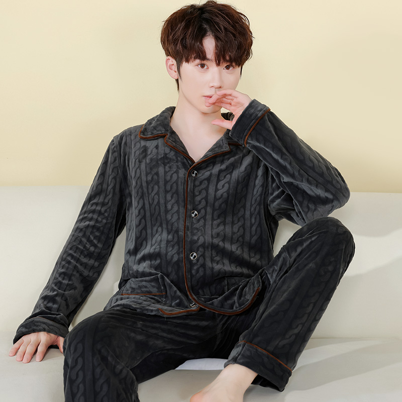 海岛绒男睡衣秋冬开衫