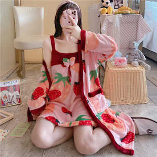 睡衣女秋冬季珊瑚绒性感吊带睡裙法兰绒睡袍中长款两件套装家居服