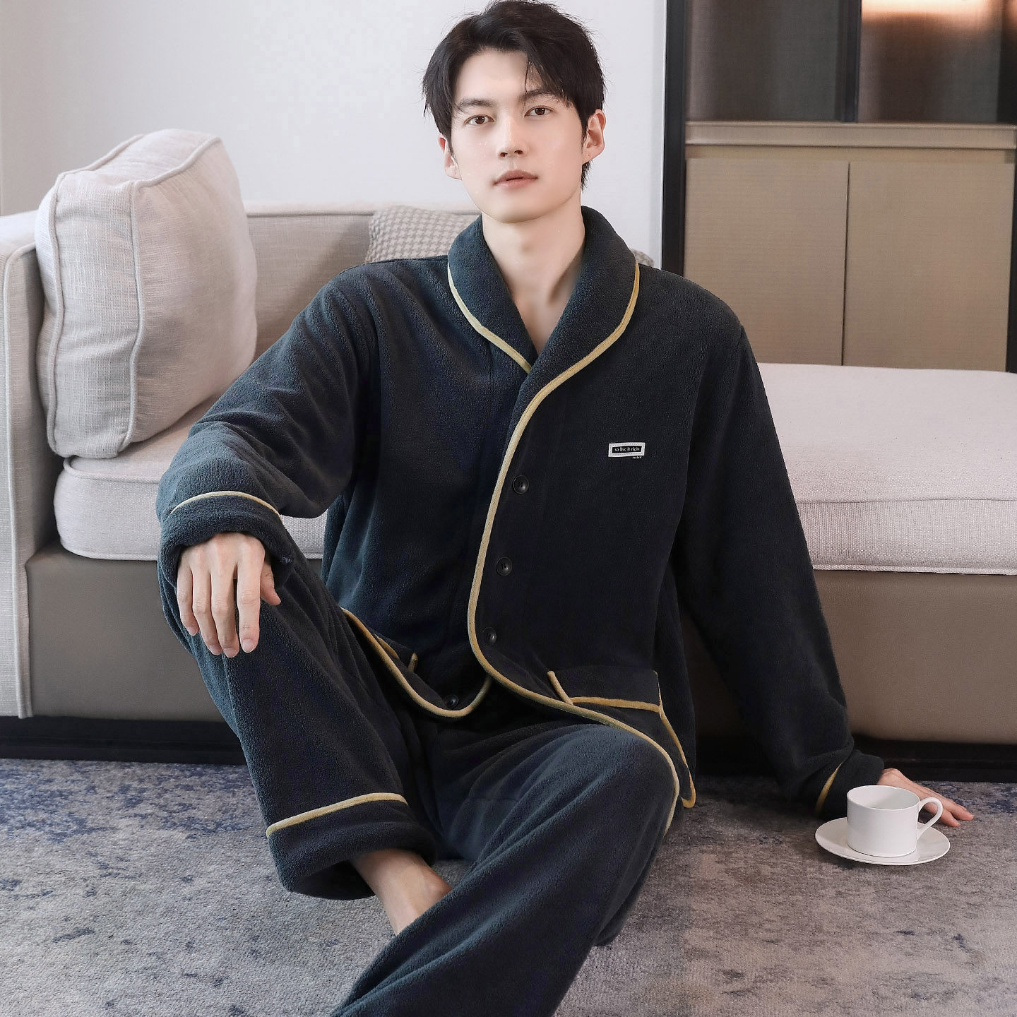 加厚加绒睡衣男士秋冬开衫颗粒绒