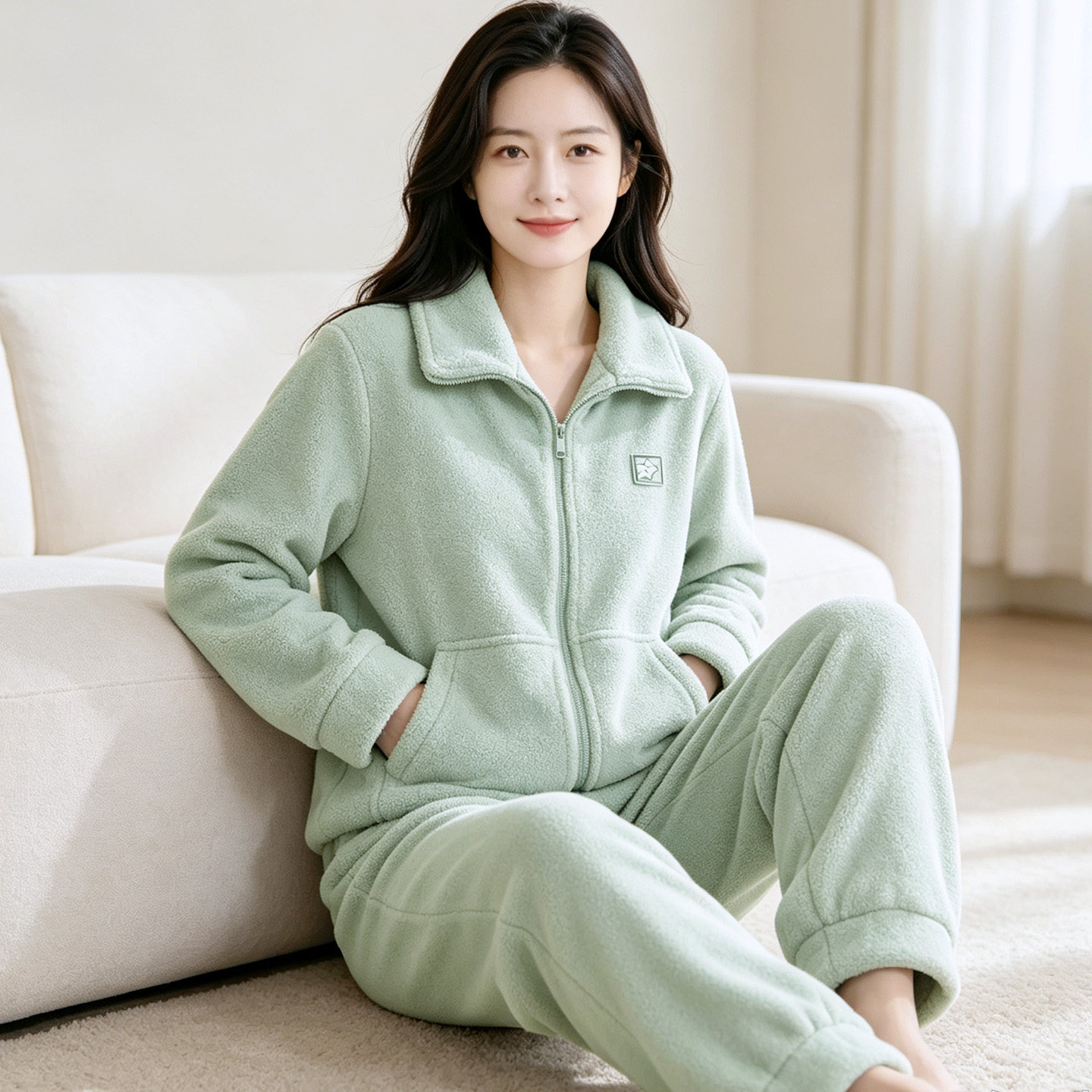 拉链款睡衣女加厚颗粒绒保暖秋冬珊瑚绒套装开衫家居服可外穿宽松