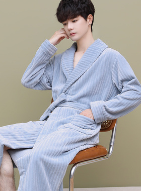 加厚珊瑚绒睡袍男款秋冬季加绒法兰绒浴袍大码睡衣长袍家居服晨袍