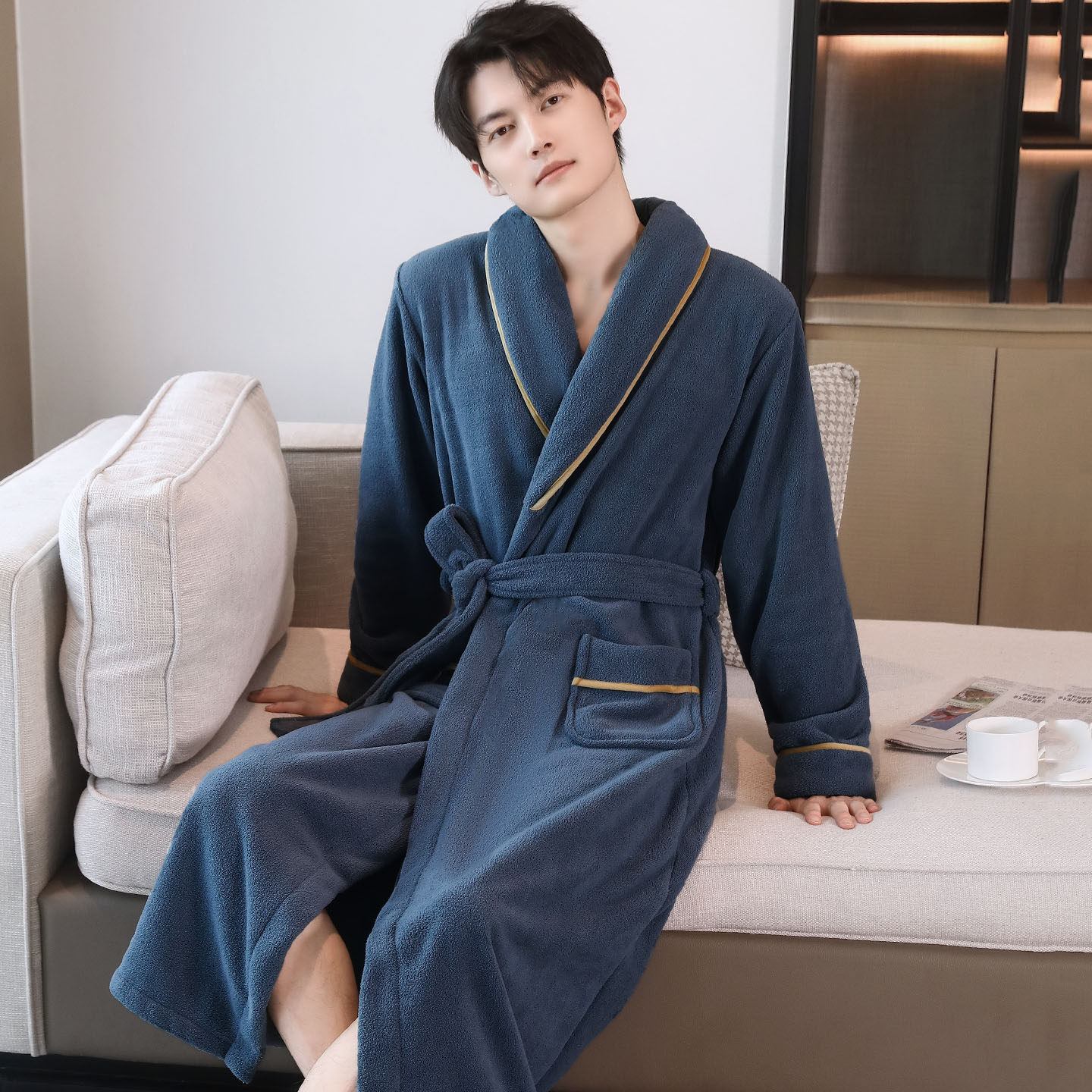 加厚加绒睡袍男士秋冬颗粒绒加长