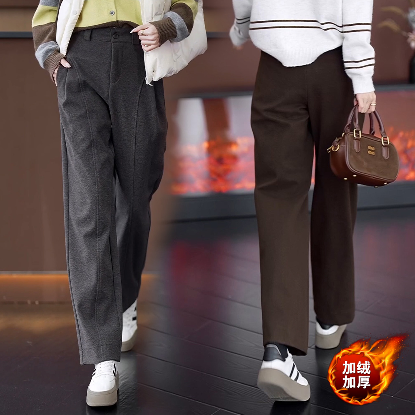 加绒加厚阔腿毛呢裤女秋冬