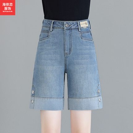 撞色复古四分牛仔短裤女2025年夏季新款高腰显瘦薄款五分阔腿中裤
