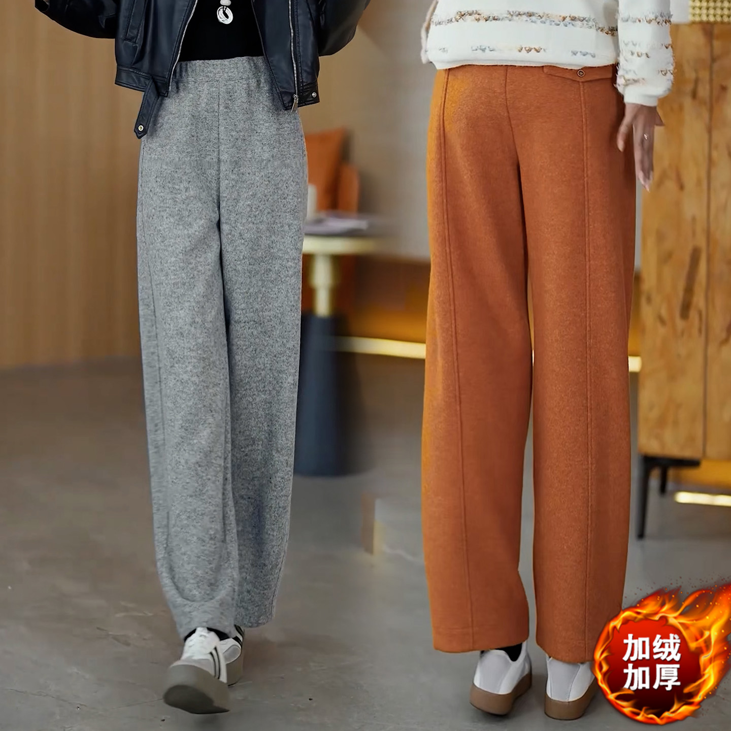 羊毛呢加厚弯刀阔腿裤女冬季