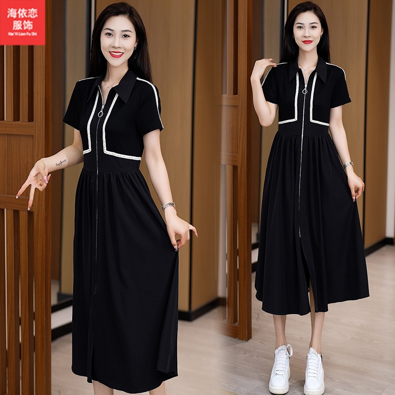 时尚假两件连衣裙女2024夏季新款休闲收腰显瘦中长款拼接拉链裙子