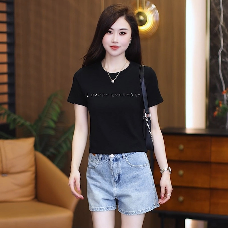 满天星烫钻纯棉短袖T恤女百搭图片