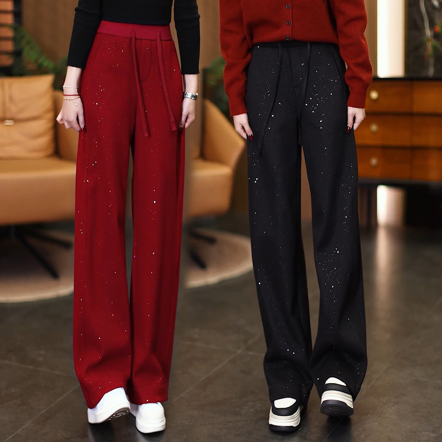 新年红亮闪闪烫钻弯刀裤女春季2026新款亮片窄版显瘦加绒阔腿裤子,女装/女士精品,休闲裤,淘宝优惠券,粉丝福利购,淘宝优惠卷