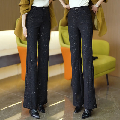 黑色烫钻高腰显瘦微喇女裤