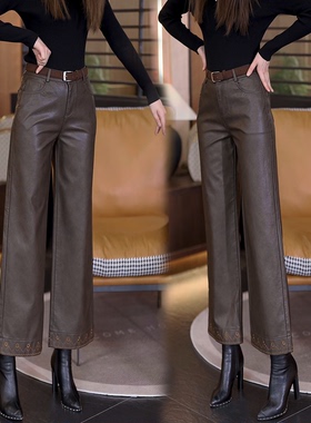 咖色皮裤阔腿裤女2026秋冬新款高腰七分直筒裤加厚外穿PU皮九分裤