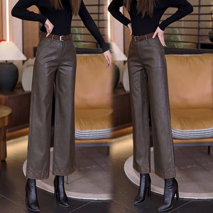 加厚外穿PU皮九分裤 咖色皮裤 高腰七分直筒裤 女2026秋冬新款 阔腿裤