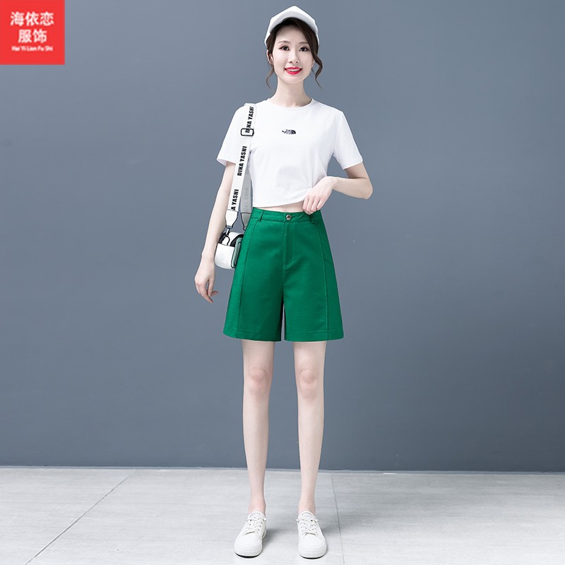 绿色五分短裤女夏季2025新款宽松休闲裤中裤a字西装阔腿裤子薄款