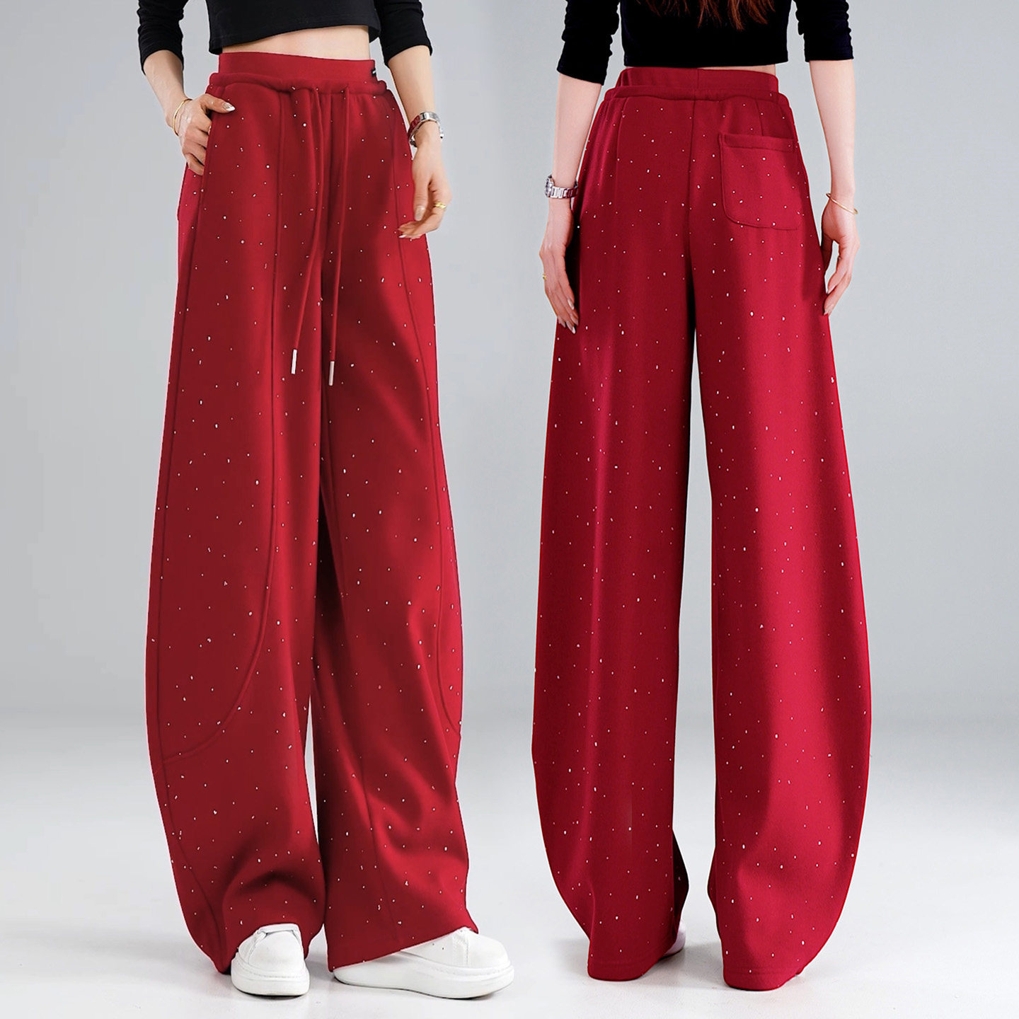 新年红满天星亮片弯刀阔腿裤女2026春季新款高腰加绒运动直筒裤子,女装/女士精品,休闲裤,淘宝优惠券,粉丝福利购,淘宝优惠卷