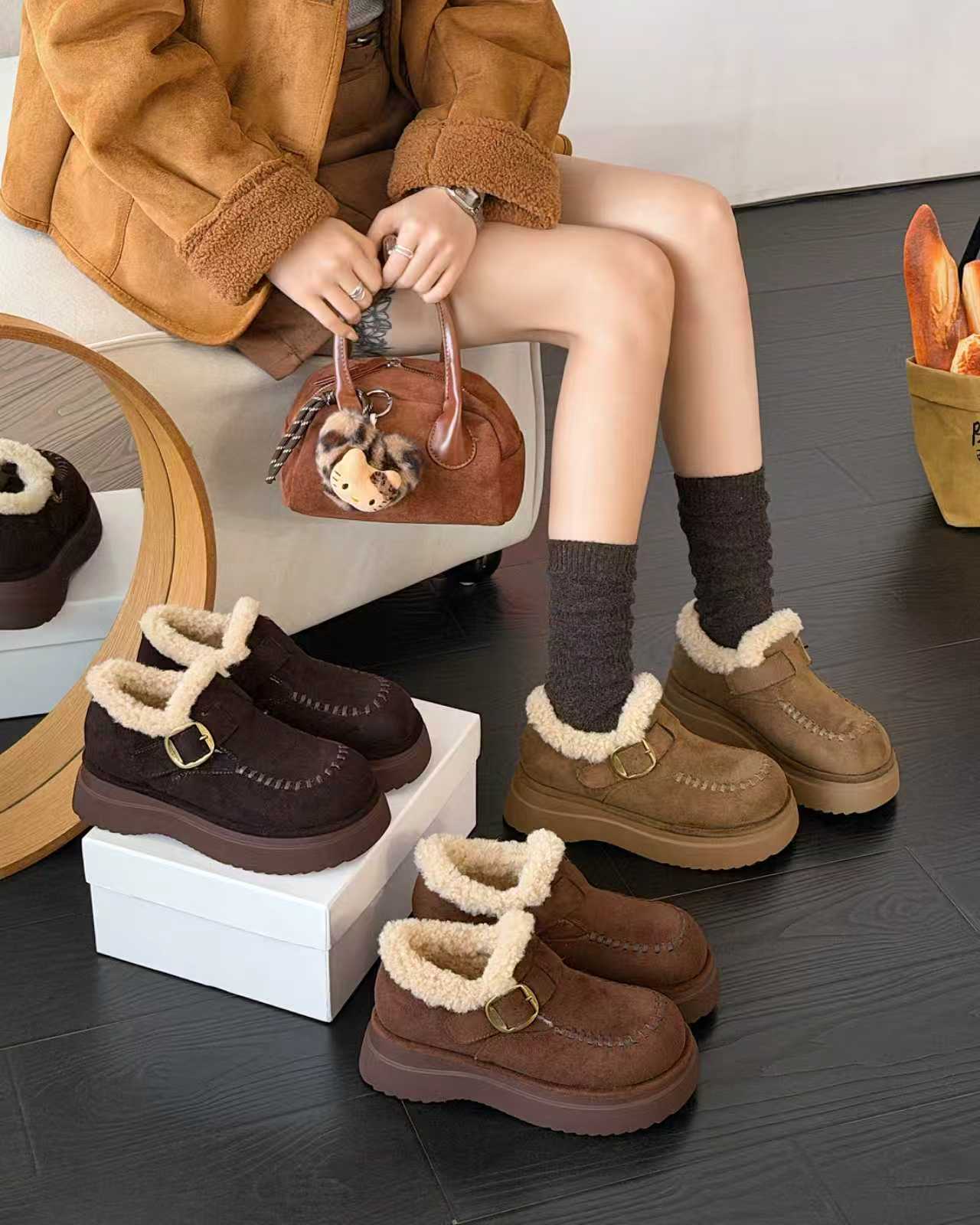 复古加绒厚底雪地靴女2025冬季新款加绒加厚勃肯鞋小个子棉鞋女