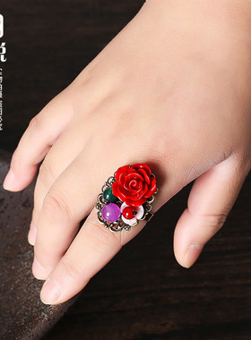民族风朱砂花朵开口可调节戒指