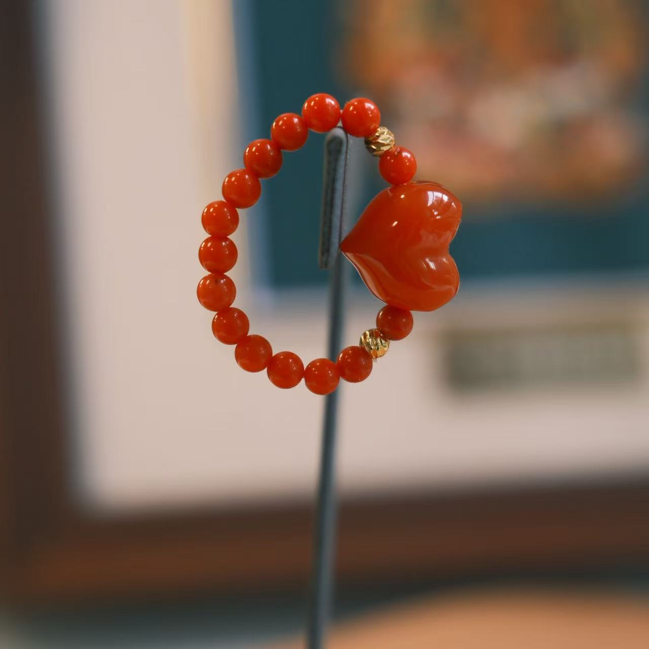 天然南红玛瑙圆珠戒指素圈屁桃指环尾戒饰品中式高级感礼物