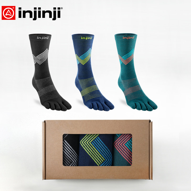 injinji五指袜长筒薄款专业跑步防水泡吸汗透气运动袜三对礼盒装