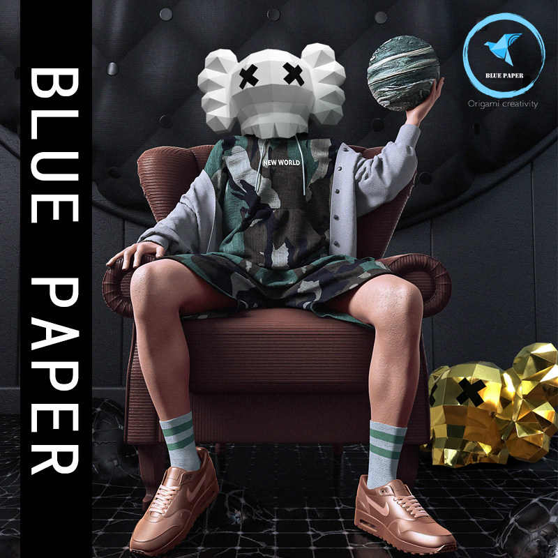 芝麻街kaws小骷髅折纸膜创意手工立体可穿戴舞会派对摄影道具头套