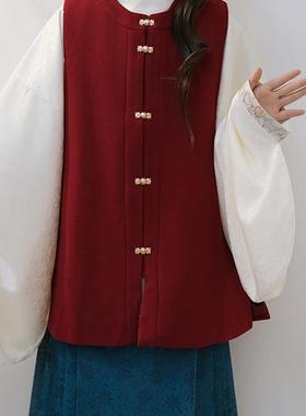 华序九章明制对襟圆领比甲百搭毛呢加口袋日常通勤红色汉服女秋冬