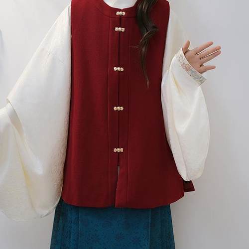 华序九章明制对襟圆领比甲百搭毛呢加口袋日常通勤红色汉服女秋冬