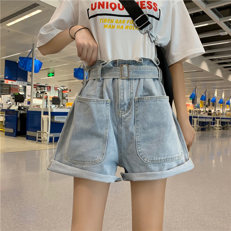 Spring and summer high waist thin net red big pocket loose Wide Leg Denim Shorts trendy girl