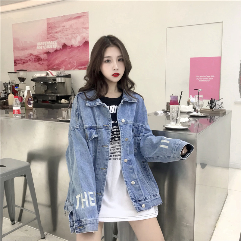 Real-price girl jeans jacket, loose short Korean version of student hip-hop jeans