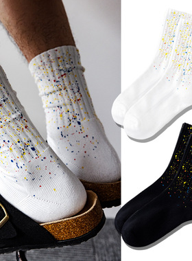 潮流日系泼墨袜子男女中筒袜毛巾袜子星空泼墨毛圈底运动休闲棉袜