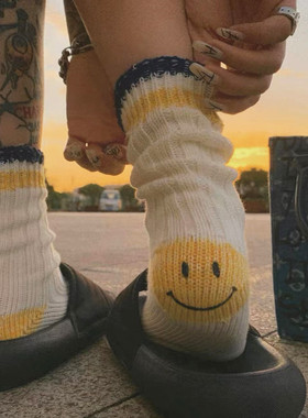 ARMOR 平田和宏毛线粗针厚款日系工装拼色条纹女中筒笑脸袜子