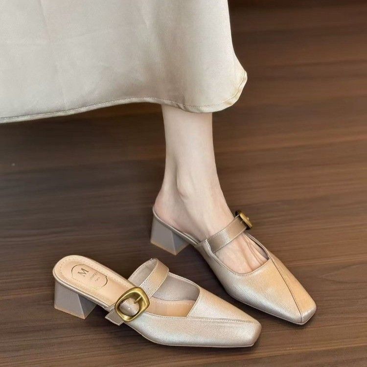 蜻蜓牌真皮包头穆托凉拖鞋女2026新款法式粗跟方头拖鞋女外穿女鞋