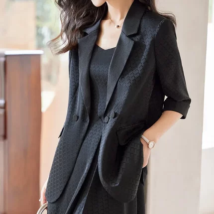 黑色西装外套女春夏薄款高级感气质小个子休闲西服连衣裙两件套装