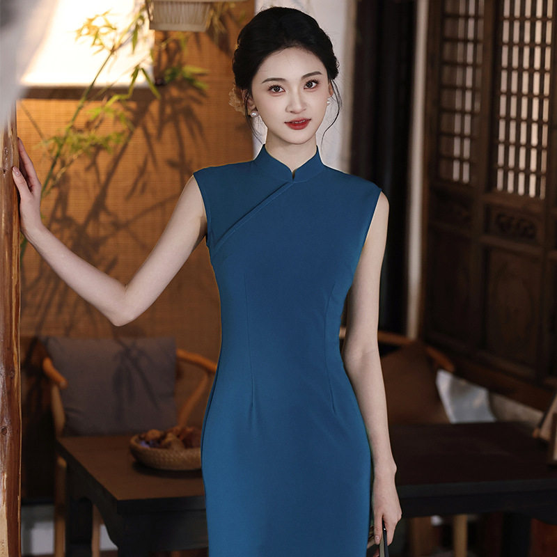 2026春夏新款旗袍四面弹混棉立领无袖长款修身连衣裙文艺复古女