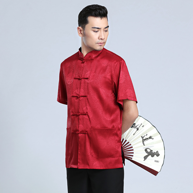 新款唐装男衬衫套装男士短袖夏季中老年太极服中国风男士晨练