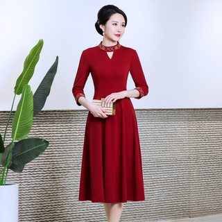 2024春季新款婚礼中老年妈妈装女高贵喜婆婆服装婚宴礼服连衣裙红