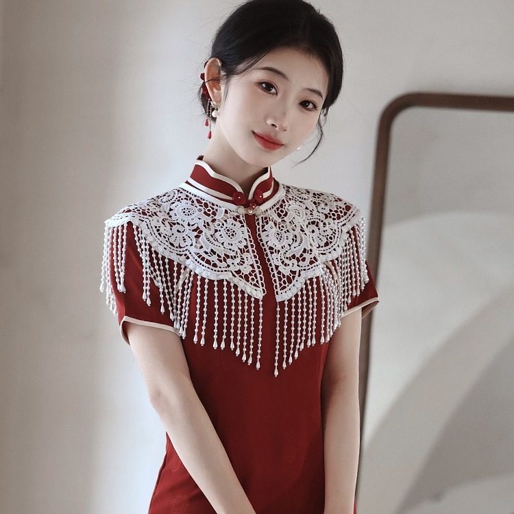 蕾丝串珠云肩敬酒服新娘旗袍订婚礼服女披肩外搭夏流苏云肩中国风