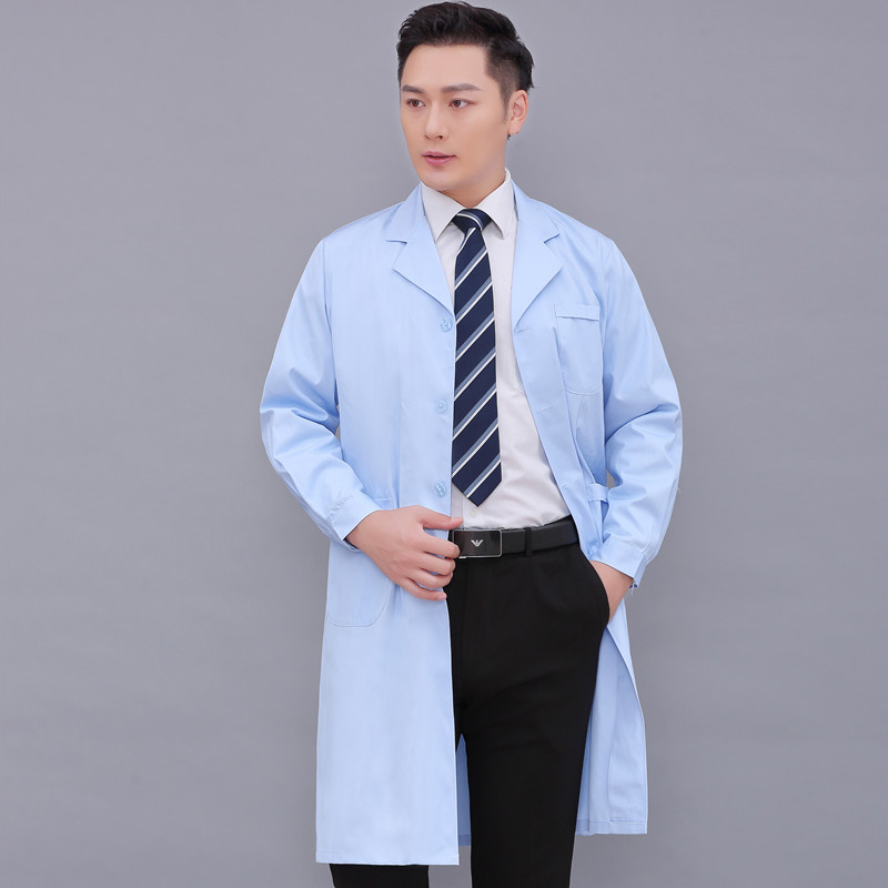 蓝色大褂女长袖医生服实验护士白大褂牙科药店工作短袖大码松紧袖