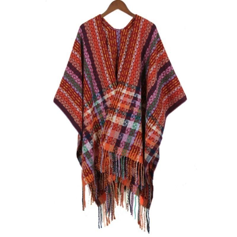 波西米亚披肩旅游民族披风欧美秋冬保暖外搭加厚流苏彩色格子女士