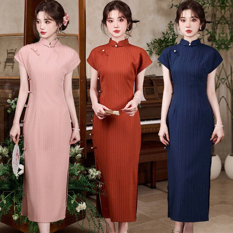 女装竖条单层2025修身日常长款旗袍仿麻春夏显瘦连衣裙款礼服女装