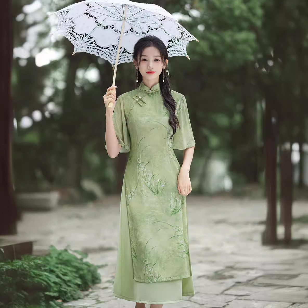 2026年夏季新款旗袍双层七分袖圆领街头潮人嘻哈风礼服连衣裙年轻