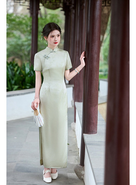 新中式旗袍提花短袖连衣裙女装国风气质长裙绿色收腰包臀裙子