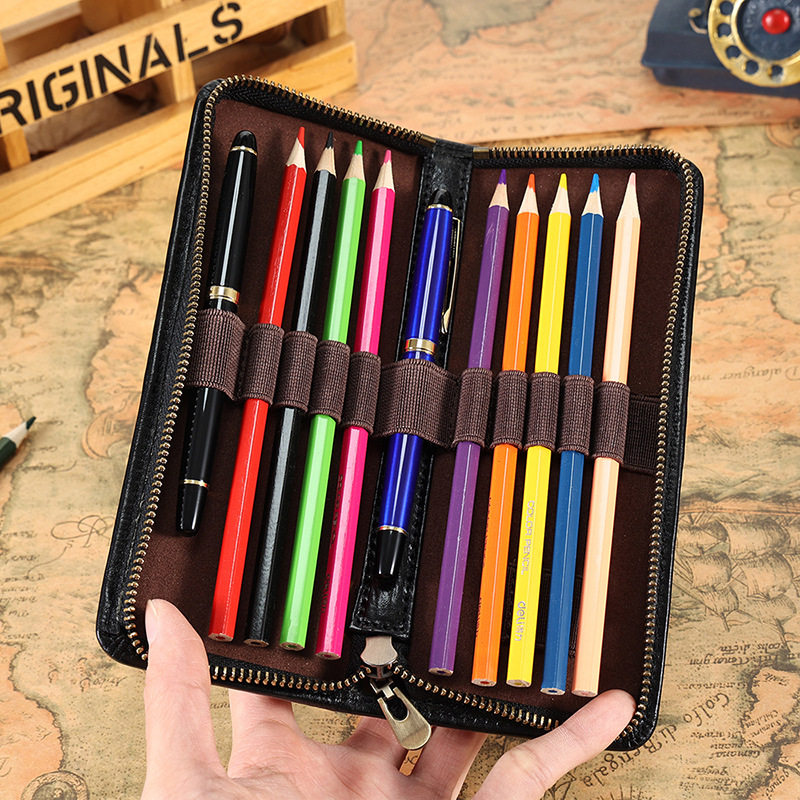 大容量笔袋12插位彩铅笔拉链收纳包头层牛皮时尚便携分类整理笔袋
