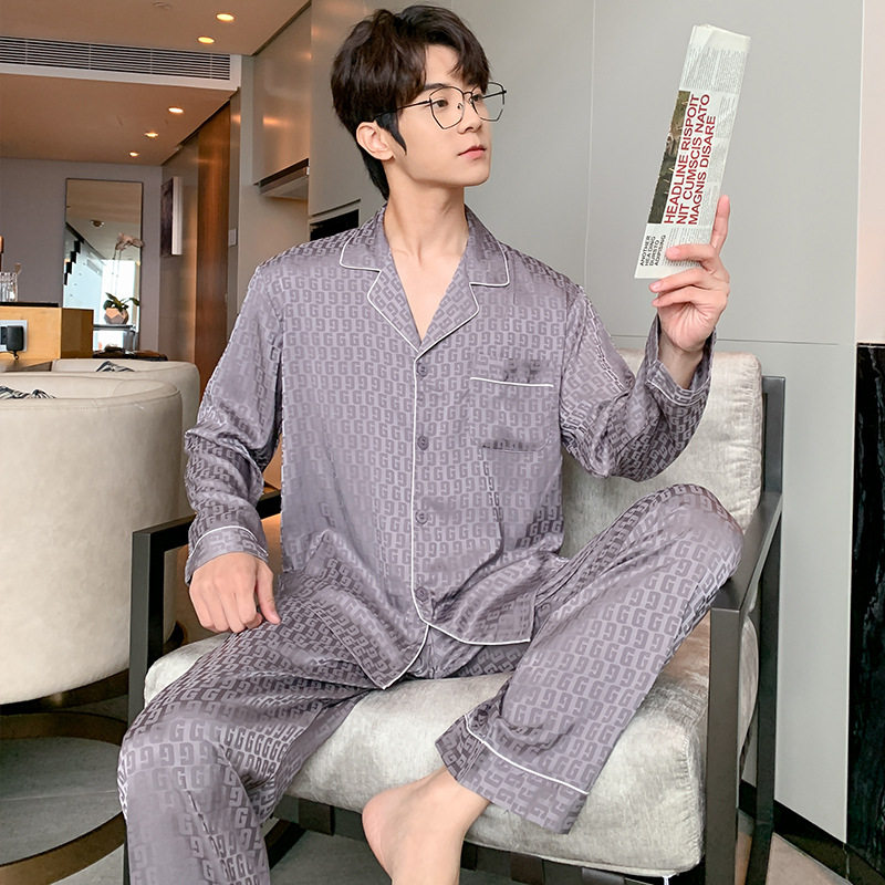 2026春款睡衣男冰丝丝绸提花字母G两件套薄款家居服套装时尚跨境