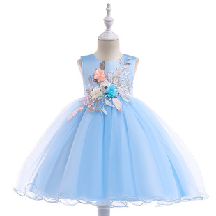 亚马逊欧美花童礼服公主裙女童背心连衣裙立体贴花钢琴演出服外贸