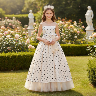 波点长款连衣裙女童公主裙节目主持礼服舞台演出礼服宴会晚礼服裙