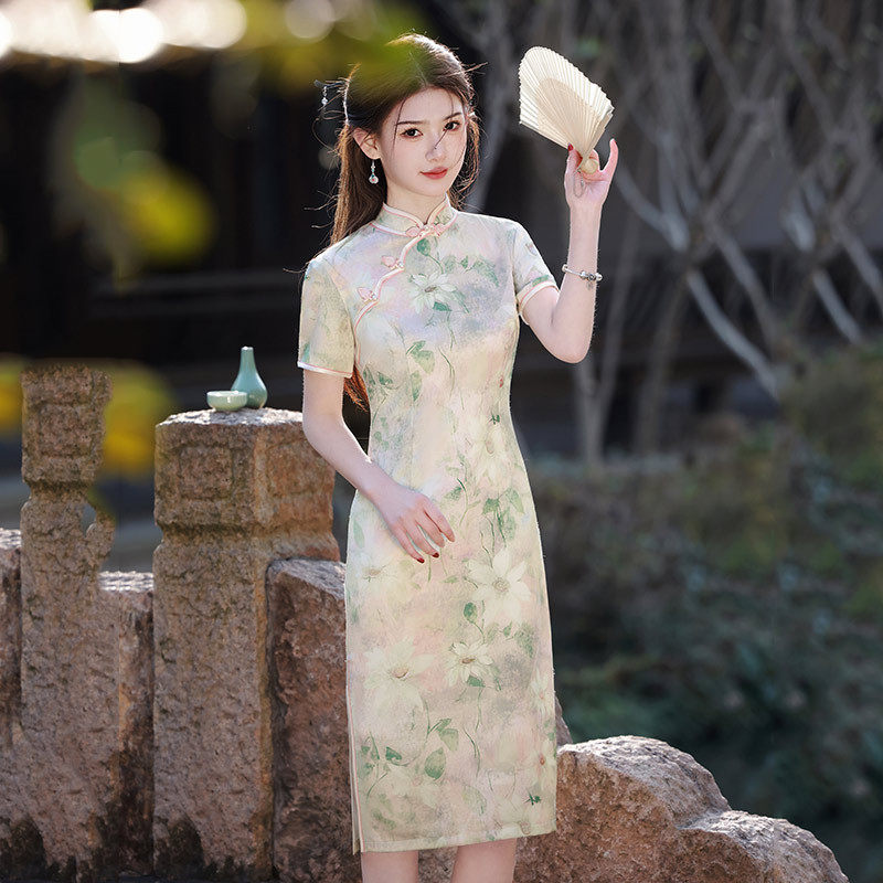 国风中长款旗袍改良年轻款女感新中式复古短袖小个子可穿夏季礼服
