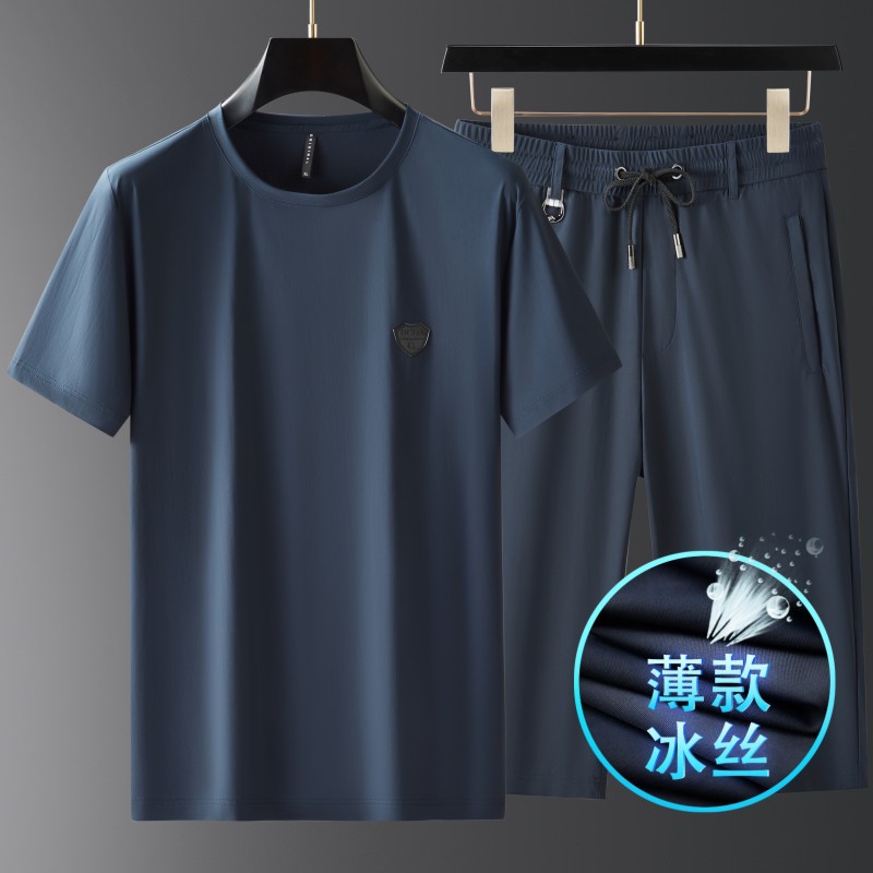 高端凉感短袖T恤男装套装夏季大码速干超薄款休闲男士冰丝跨境