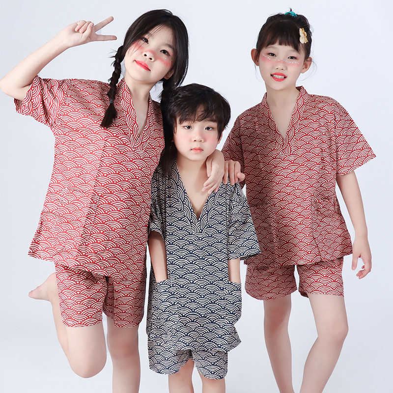 2026款日式儿童家居服女童男童短裤短袖套装夏季睡衣汗蒸浴服儿童