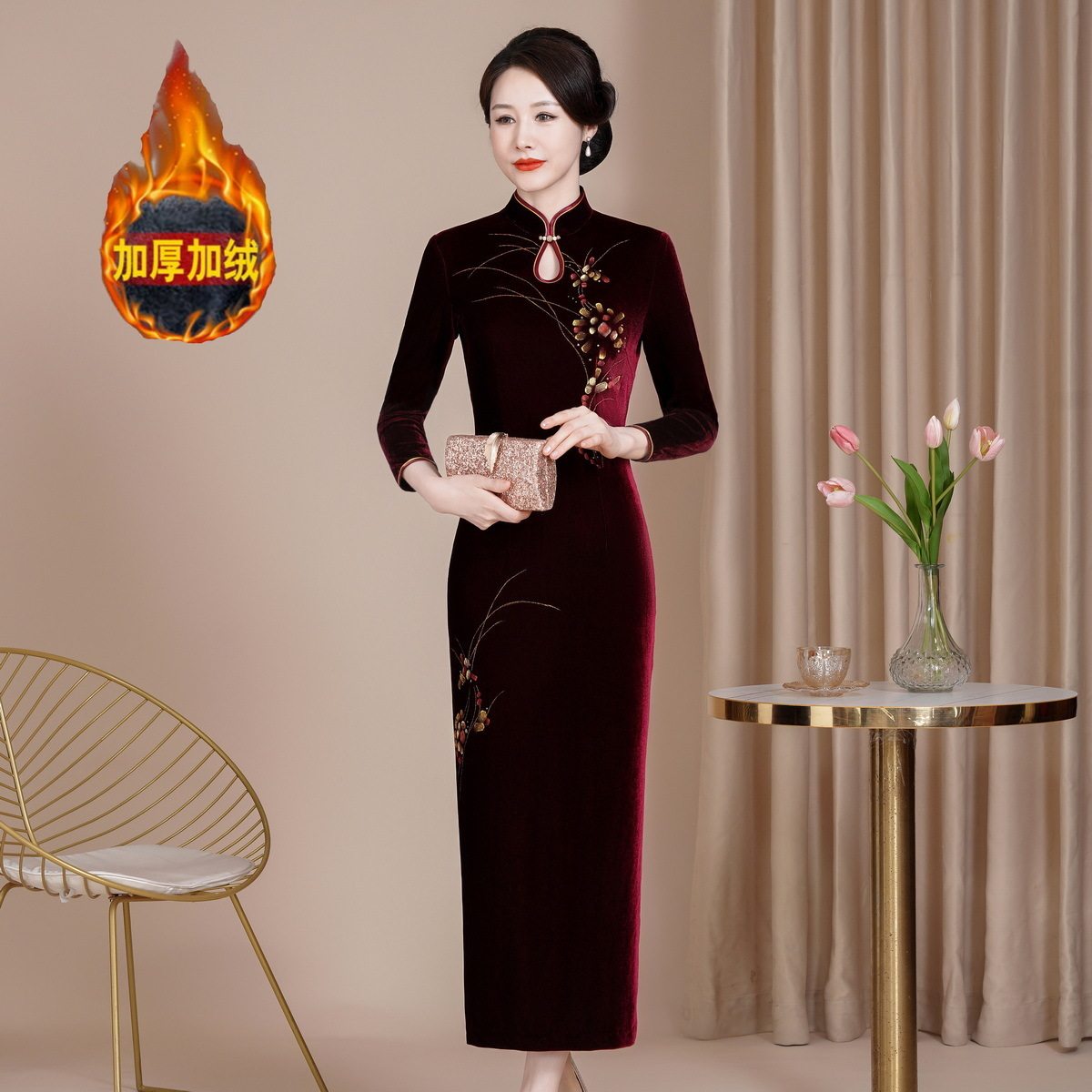 鸿韵绣新款修身改良丝绒旗袍裙大码喜妈妈婚宴礼服长款喜婆婆新款