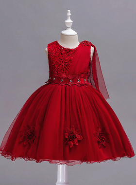 kids dress独家款儿童婚纱礼服中大童蝴蝶结网纱裙女童红色连衣裙