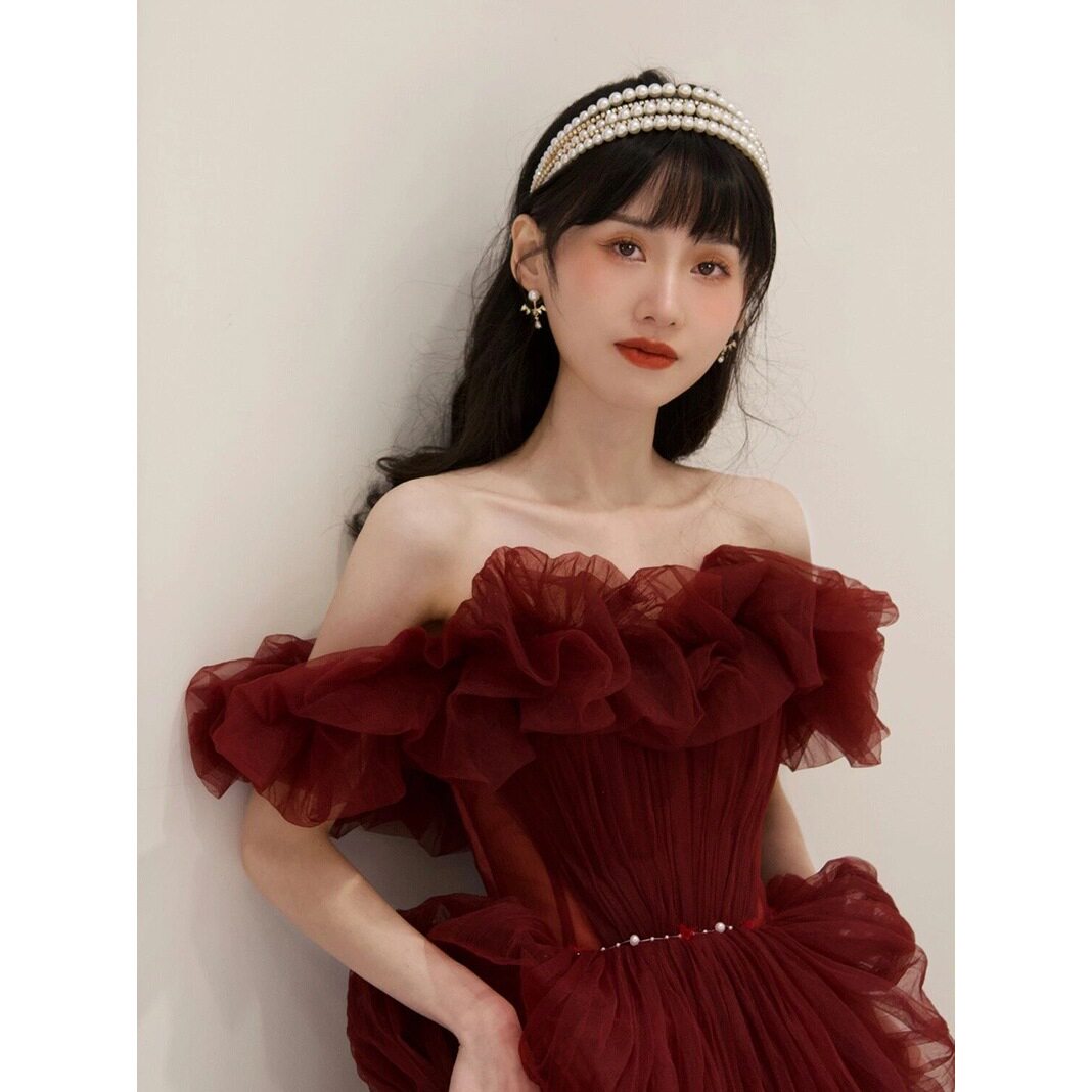 敬酒服2026春秋冬季新款一字肩仙气红色结婚重工年会晚礼服连衣裙