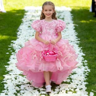 欧美儿童公主裙婚礼花童连衣裙女童走秀长裙大蝴蝶结拖尾晚礼服